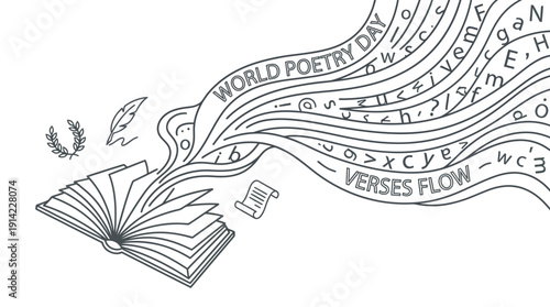 Open Book with Wavy Text and Symbols, World Poetry Day Theme, Laurels, Quill, Scroll, Line Art