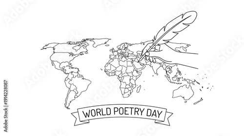 World Map with Quill Pen Writing - Global Poetry Celebration