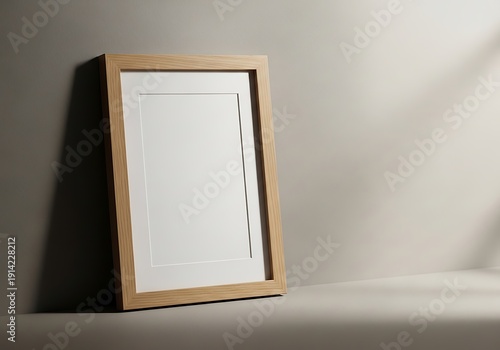 A light wooden frame containing a blank white matte bathed in soft diffused light
