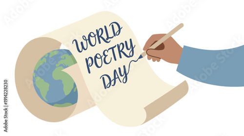 World Poetry Day Celebration, Hand Writing on Scroll with Earth, Global Literature Event, Flat Vector Art, Minimal Editable Isolated.