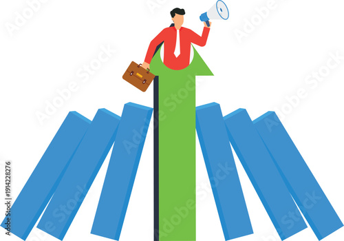 Businessman standing upward arrow preventing dominoes holding megaphone business success risk management growth strategy corporate communication overcoming obstacles flat design