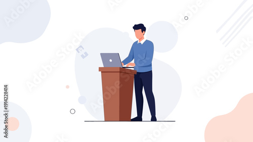 Man giving presentation at podium with laptop, modern flat illustration