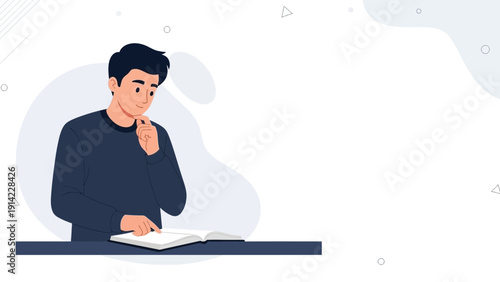 Young man reading a book, thinking, studying, learning, education concept