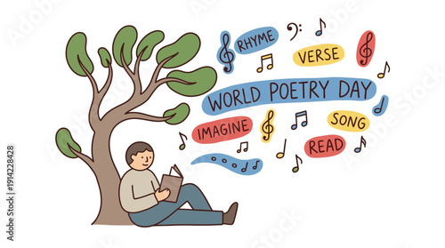 Man reading under tree, World Poetry Day words & music notes; Literature, imagination, education concept; Simple hand-drawn flat colorful art; Isolated vector.