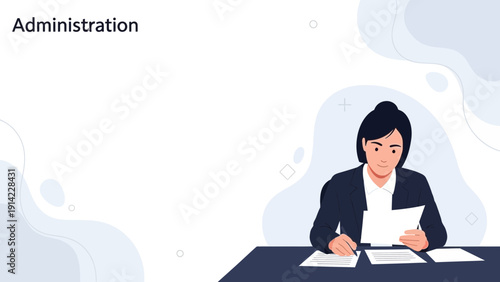 Female Administrator Working at Desk with Documents and Pen