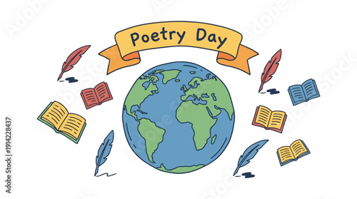 Poetry Day around the World, Feathers, Books, Earth Globe, Celebration, Concept, Hand Drawn Illustration, Colorful