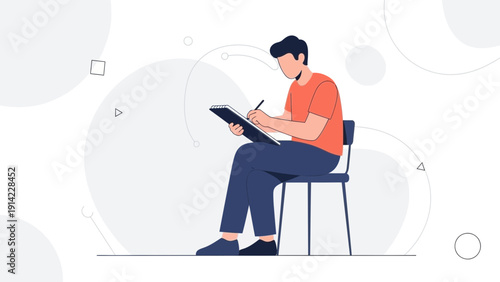 Man Writing on Clipboard, Creative Process, Illustration, Flat Design