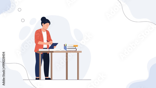 Woman working on tablet at desk with books, modern flat illustration.
