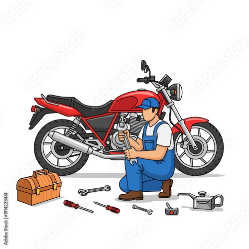 Motorcycle Mechanic Working on Red Bike with Tools, Repair Service, Maintenance Concept