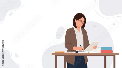 Woman Teacher Writing at Desk with Books, Education Concept