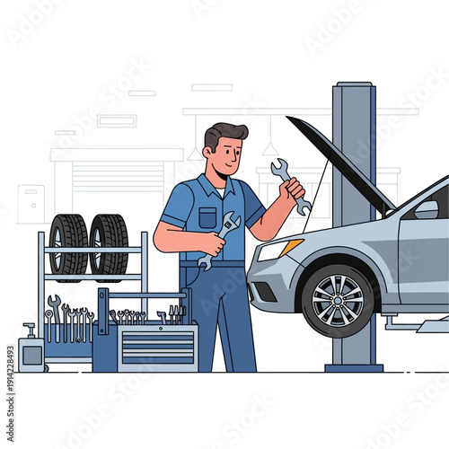 Mechanic working on car on lift with tools and tires in garage