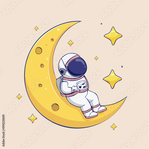 Astronaut relaxing on a crescent moon surrounded by stars