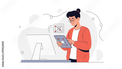 Young person with glasses using tablet and computer, abstract background