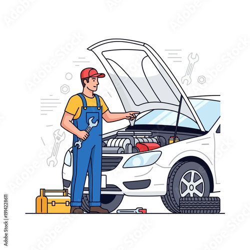 Auto mechanic working on car engine with tools, car repair, maintenance, service, workshop