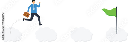 Businessman running jumping clouds reaching goal success path corporate challenge business strategy achievement motivation determination effort future planning target destination
