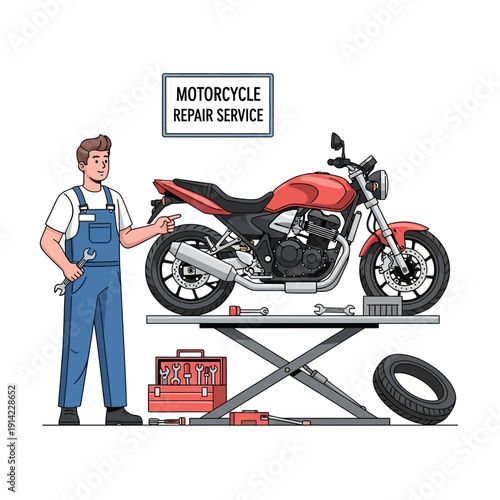 Motorcycle repair service: Mechanic working on a red motorbike on a lift with tools
