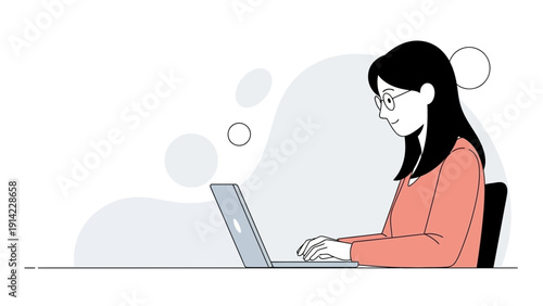 Young Woman Working on Laptop Computer, Online Education, Remote Work, Illustration
