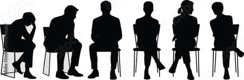 Vector illustration of seated people silhouette collection—symbols for body language, posture study, psychology, emotion, reflection, communication, human interaction, and artistic representation