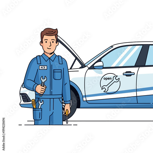 Mechanic In Blue Overalls With Tools Standing Next To A Car With Open Hood