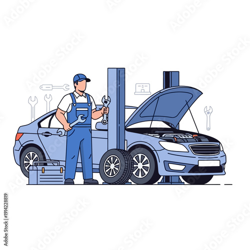 Car Mechanic Working on Vehicle Lift with Tools and Spare Tire