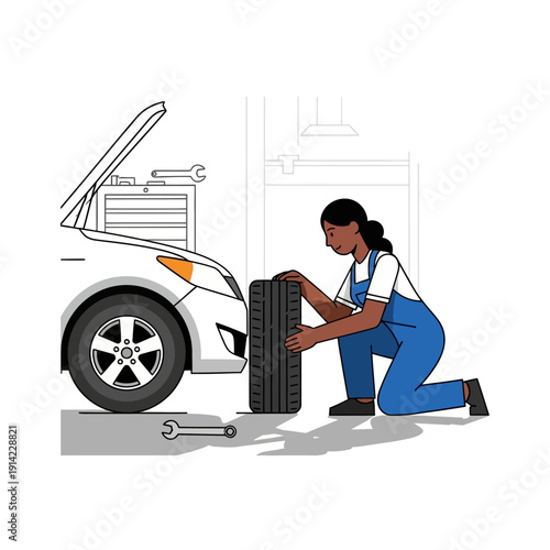 Female mechanic changing car tire in garage, auto repair service, vehicle maintenance