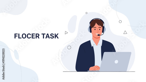 Customer Service Agent with Headset and Laptop, Online Support, Call Center Operator