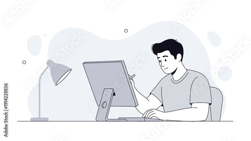 Young man working on computer at desk with lamp, digital art illustration