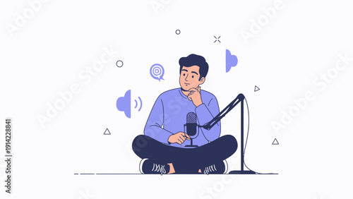 Man thinking about podcasting with microphone and sound waves