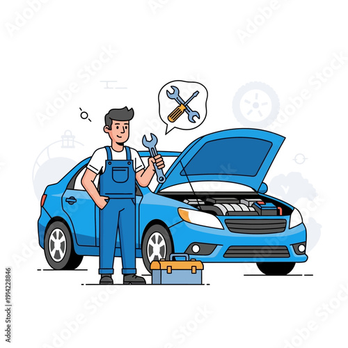 Mechanic repairing a blue car with open hood, holding a wrench, toolbox nearby