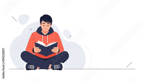 Young man reading a book, sitting cross-legged, learning, education, knowledge, calm atmosphere