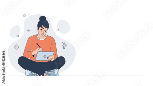 Young Woman Drawing on Digital Tablet, Cross-legged, Creative Work