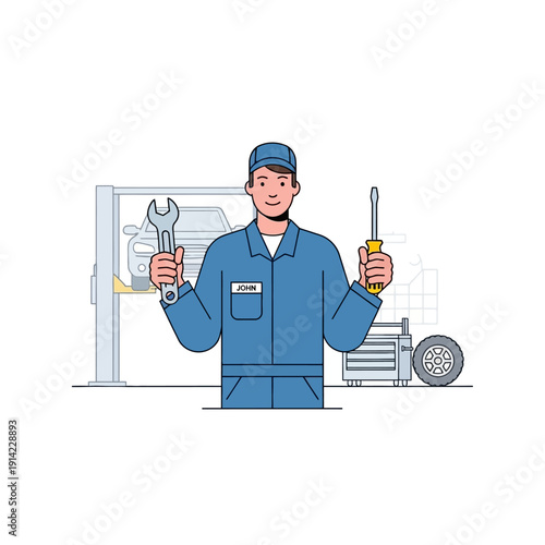 Auto Mechanic Holding Wrench and Screwdriver in Garage with Car on Lift