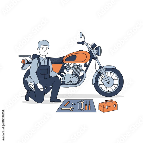 Motorcycle Mechanic Working on Vintage Bike with Tools and Toolbox