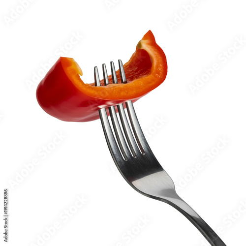Fresh red tomato slice on a fork isolated on transparent background