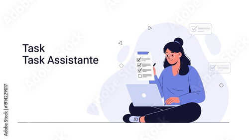 Woman working on laptop with checklist, task management concept