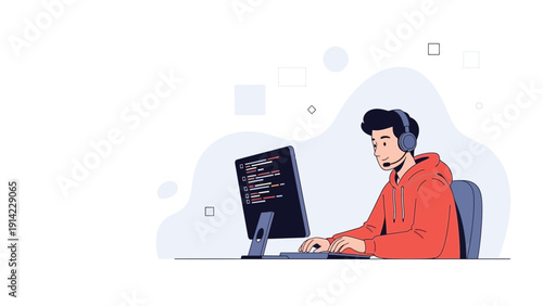Programmer coding on computer with headset, illustration, web development, IT support