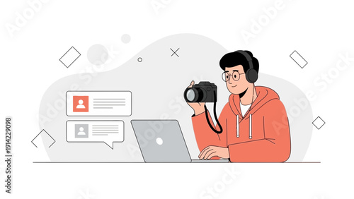 Young photographer with headphones using laptop and camera, communication concept