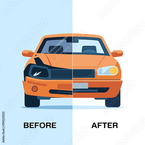 Car front view comparison before and after repair damage