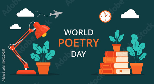 World Poetry Day celebration with books plants lamp and clock on dark background