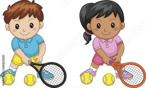 Cartoon children playing tennis, boy and girl, sports activity, teamwork, physical exercise, tennis rackets, hitting balls, fun outdoor game
