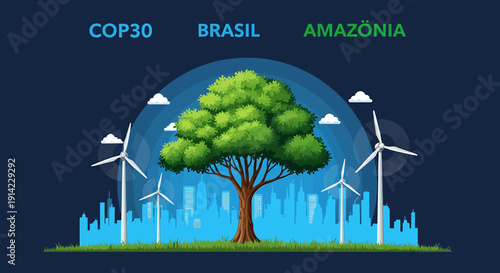 Tree with wind turbines and cityscape in background for ecology and sustainability concept
