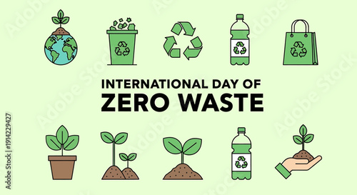 International day of zero waste concept with eco friendly icons and plants growing