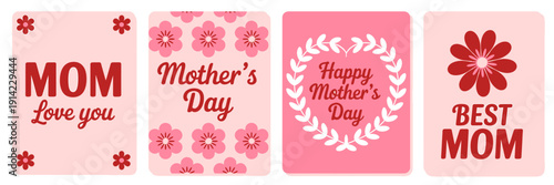 Mothers Day greeting cards with pink and red designs and text on white background