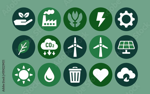 Eco friendly icons for sustainable living and environmental conservation concepts  green background