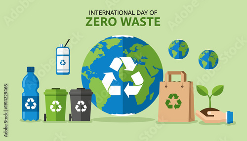 International Day of Zero Waste recycling concept with eco friendly items and globe