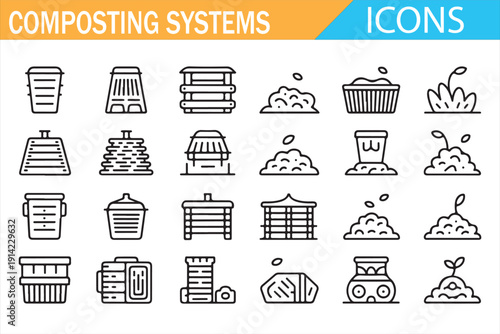 Compost Bin and Tumbler Outline Icons for Organic Waste Recycling