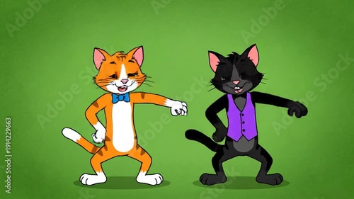 Cartoon animated cats doing a fist bump on green background animation for kids content
