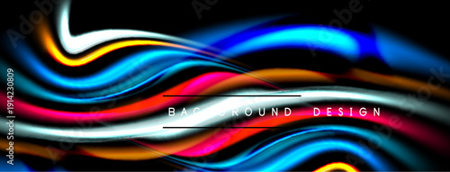 Abstract fluid shapes, vibrant colors blend. Dynamic waves create modern background design. Black space emphasizes bright forms.