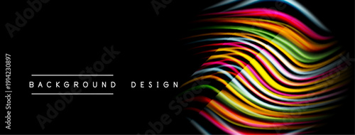 Abstract vibrant layers create flowing shapes. Dark background emphasizes colorful wave design. Modern aesthetic, simple text labels.