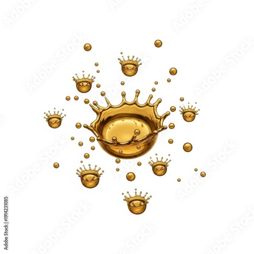 Golden liquid splashing with crowns forming a circular pattern around it.